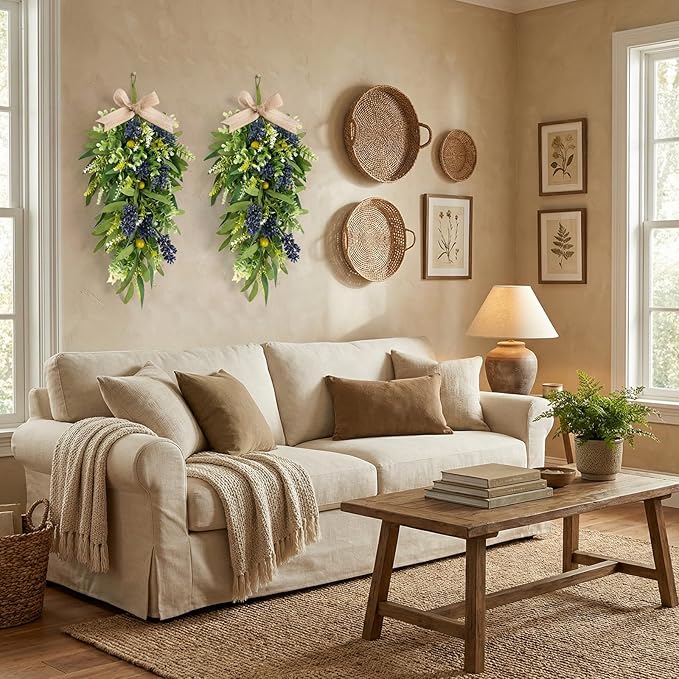 2 PCS 24'' Spring Summer Swags for Front Door Artificial Eucalyptus Olive Boxwood Leaves Teardrop Swags Greenery Swag Wreath Spring Summer Hanging Swag for Farmhouse Wedding Cabinet Home Outdoor Decor