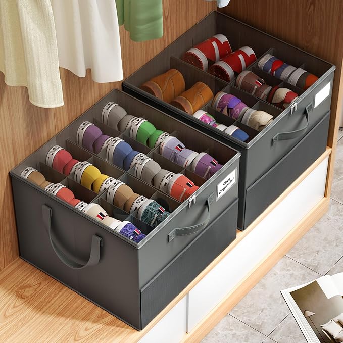 2 Pack Shoe Organizer for Closet, Large Shoe Box Storage Containers, Foldable Shoe Storage Organizer Box Bin with Adjustable Dividers and Clear Cover, Space Saving Shoes Holder, Gray