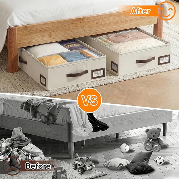 OIAHOMY 2 Pack Under Bed Storage, 6 Inch High Under Bed Storage Containers with Adjustable Dividers, Dual Zippers, &Clear Lid, 53L Under Bed Drawers For Clothes, Blankets, Clothing, & Shoes, Beige