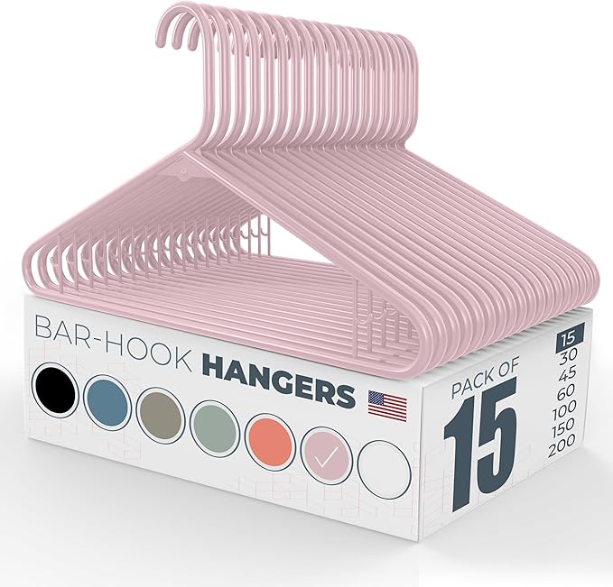 Neaties Plastic Hangers 15 Pack – Made in The USA – 6lb Capacity Standard Clothes Hangers with Strap Hooks for Dresses, Lingerie, Shirts, Pants, and Jackets – Pink