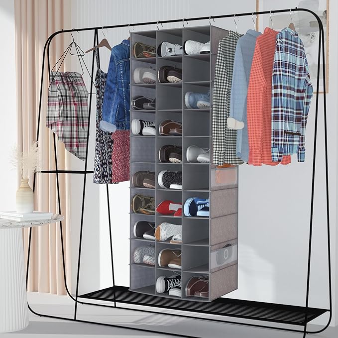 coastal rose Hanging Shoe Organizer, 30 Sections Hanging Shoe Organizer for Closet with 6 Mesh Pockets, Space Saving Hanging Shoe Rack, Grey Closet Shoe Organizer