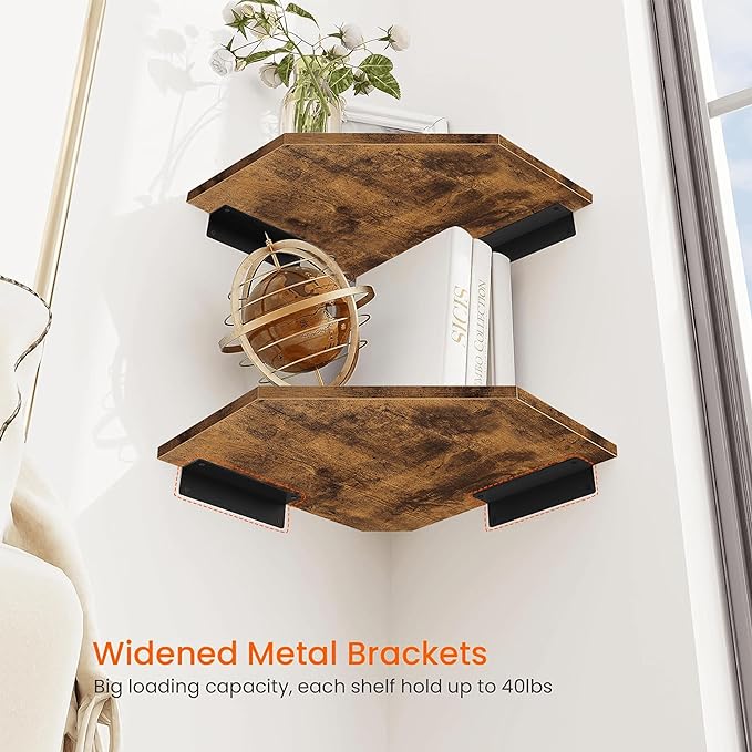 Homode Corner Shelf Wall Mount, Set of 4 Floating Corner Shelves with Cord Hole for Cable Box, Wood Corner Hanging Shelves for Bathroom Bedroom Kitchen, Rustic Brown