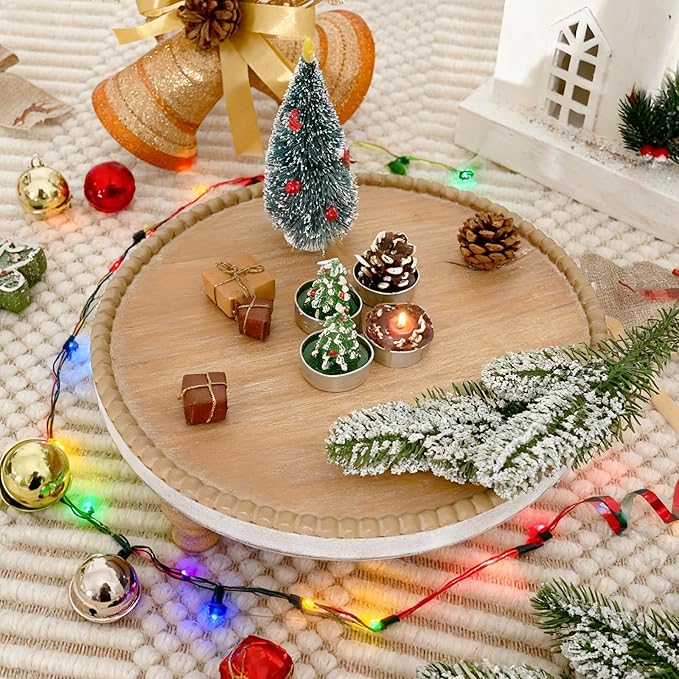SwallowLiving Rustic Round Wood Tray Riser Farmhouse Pedestal Stand With Beaded Edge for Decor Wooden Finish Cupcake Display for Cakes and Decorative Items 11.8 inches