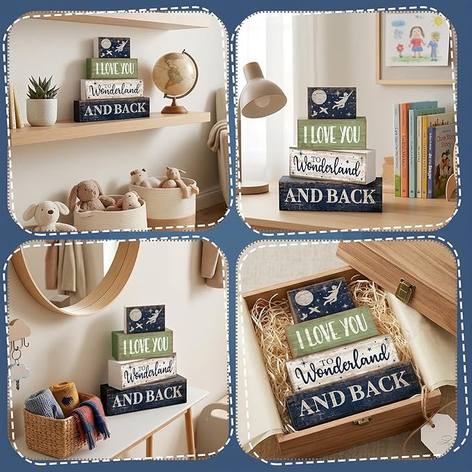 Lineshading 4 Pcs Fairy Tale Nursery Wooden Stacked Signs Decor - "i Love You to Wonderland and Back" Wooden Signs, Rustic Tabletop Decor for Newborn Baby Bedroom Playroom Baby Shower Gifts