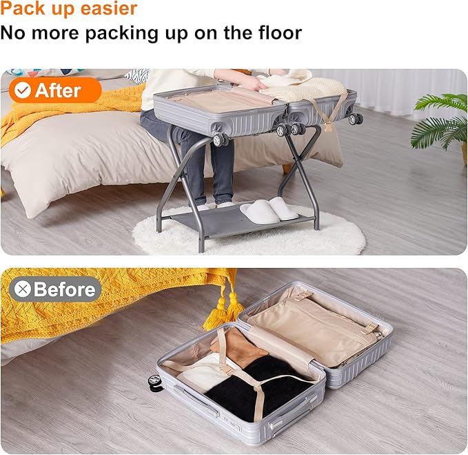 Heybly Luggage Rack for Guest Room, Pack of 2, Steel Folding Suitcase Stand with Storage Shelf for Bedroom, Hotel, Foldable Steel Frame, Guest Room, 26.2" L x 14.4" W x 20.5" H, Gray HLR004G2