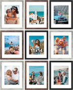 Vittanly 11x14 Picture Frames Set of 9, Display 8x10 Pictures with Mat or 11x14 without Mat, Photo Frames for Wall or Tabletop with Plexiglass, Engineered Wood, Black&Brown&Grey