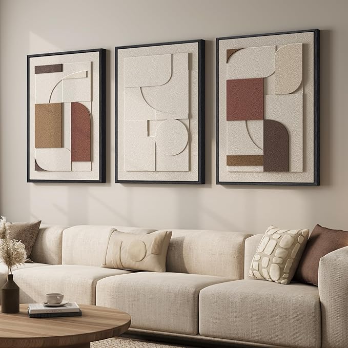 Large Framed 3D Textured Neutral Abstract Wall Art for Living Room, 3 Piece Modern Paintings Artwork for Walls, Minimalist Geometric Pictures for Hallway Office Dining Bedroom Wall Decor 24x36 In