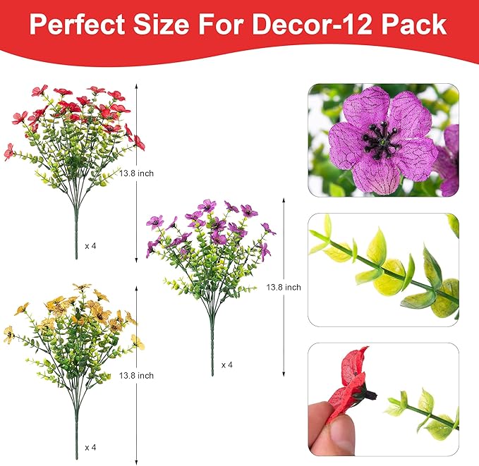 Artificial Flowers for Outdoors Potted Spring Decor, 12 Bundles Fake Summer Daisy with Realistic Eucalyptus Leaves, Faux Plants for Greenery Boxwood Porch Patio Garden Pot Lawn(Red Purple Yellow)