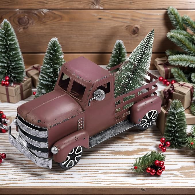 Metal Truck Decor with Handcrafted Flowers Tree, Vintage Farm Pickup Farmhouse Tabletop Tiered Tray Decor, Rustic Farmhouse Decor for Table Top Decor Home Kitchen(Wine Red)