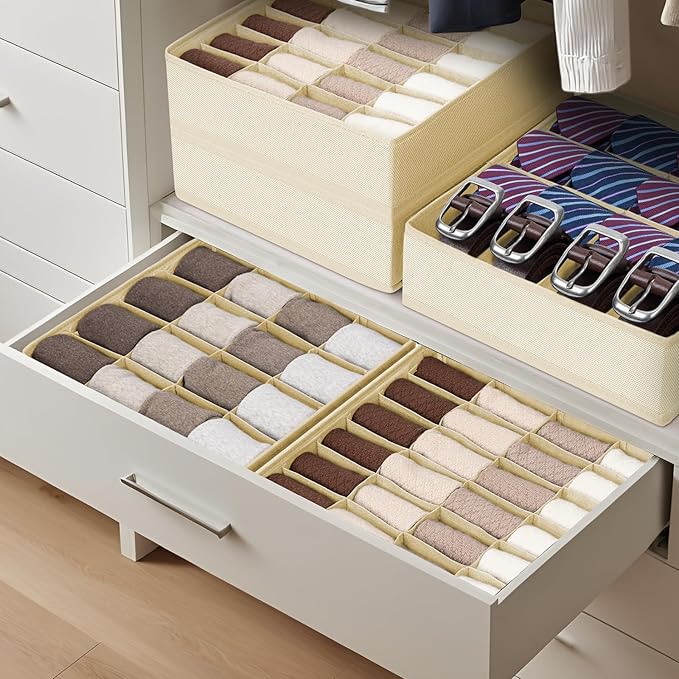 DIMJ Sock Organizer Drawer Organizer - Closet Organization and Storage, Underwear Drawer Organizer for Storing Socks, Handkerchiefs, Ties, Belts, Beige