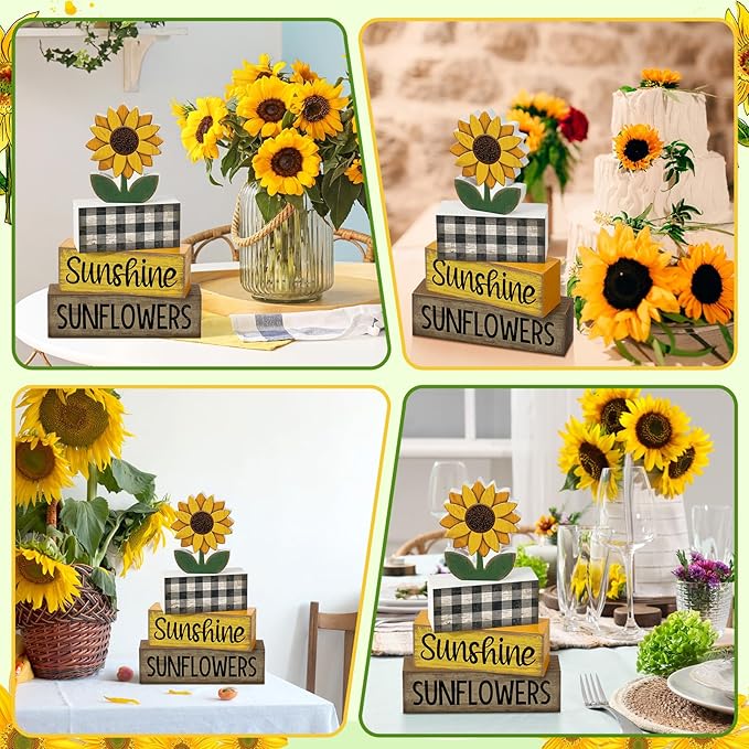 Yuntau 4 Pcs Sunflower Decorations Sunflower Wooden Sign Sunshine Table Centerpiece Summer Tiered Tray Decor Decorative Faux Book Stack Block for Coffee Table Fireplace Mantel Shelf Kitchen