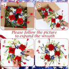8 PCS Mini Patriotic American Cabinet Wreaths Small Red White and Blue Floral Wreath for Front Door with Ribbon Roses Daisy Forsythia July Independence Day Hanging Wreath for Porch Wall Window Decor