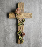 BC Home Decor 8.25" H Mystical Rose Cross for Wall, Wood Carve Looking Spring Rustic Catholic Home Decor, Mother's Day Religious Gift, Handpainted by Buildclassic