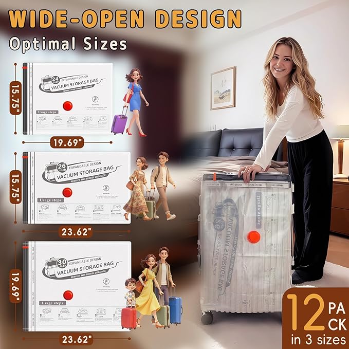 Travel Vacuum Bags with Wireless Rechargeable Pump, Vacuum Seal Bags for Clothing, Compression Space Saver for Luggage & Suitcase, 12 Combo Travel Size