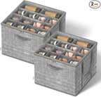 SONGMICS Shoe Organizer for Closet, Set of 2, Shoe Storage Box with Clear Lid, Foldable Fabric Bins, Holds 32 Pairs Total, Reinforced Handles, 16.5 x 16.5 x 12.5 Inches, Cattail Gray ULSP602G01