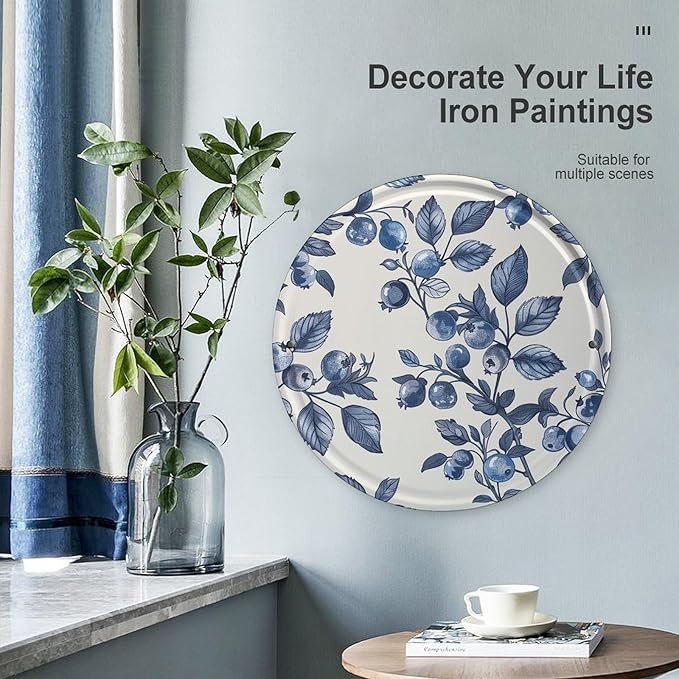 Wall Picture, with Blueberry Flower Pattern Printed Circular Iron Hanging Picture,Wall Art Decor,Home for Bedroom Living Room Bathroom Decor,Iron Painting 11.8X11.8 in