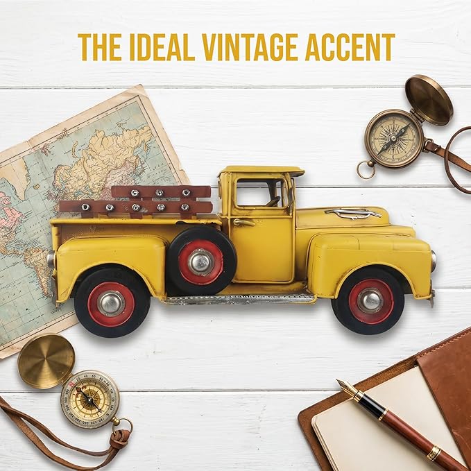 Vintage Farmhouse Yellow Truck Pickup Truck Rustic Metal Home Decor Collectible Vehicle Car Model Home Table Desktop Tabletop Gift Decoration