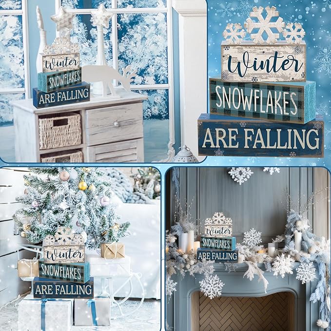 Yuntau 6 Pcs Winter Snowflakes Table Decorations Christmas Snowflake Centerpieces for Tables Winter Tiered Tray Decor Rustic Wood Snow Sign Farmhouse for Wonderland Party Kitchen Shelf Home