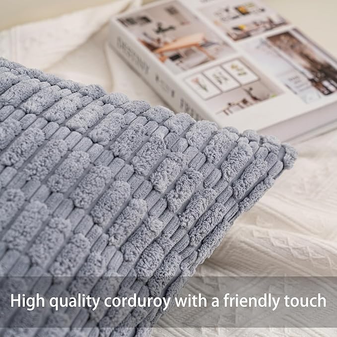 Aegero Pack of 2 Corduroy Decorative Throw Pillow Covers 18x18 InchSoft Boho Striped Pillow Covers Modern Farmhouse Home Decor for Sofa Living Room Couch Bed(Light Grey)