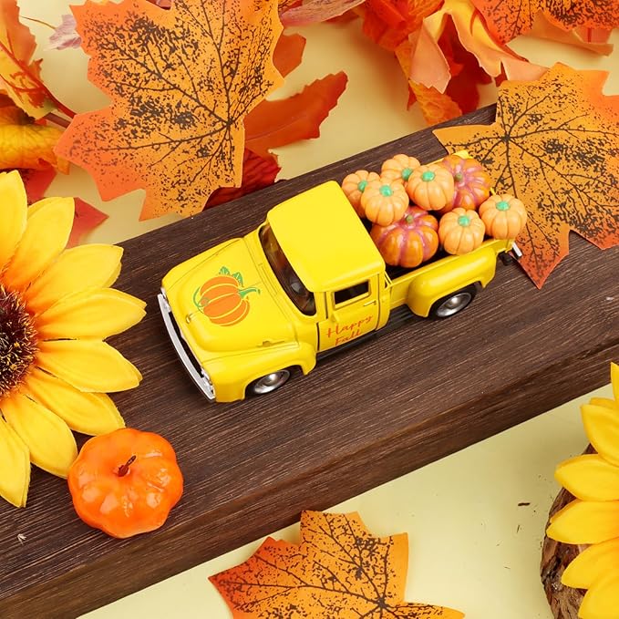 Fall Tiered Tray Decor Pumpkin Metal Truck with 8 PCS Plastic Pumpkin Fall Centerpieces for Thanksgiving Tables Home Kitchen Mantel Shelf Bookshelf Coffee Mini Truck Decorations