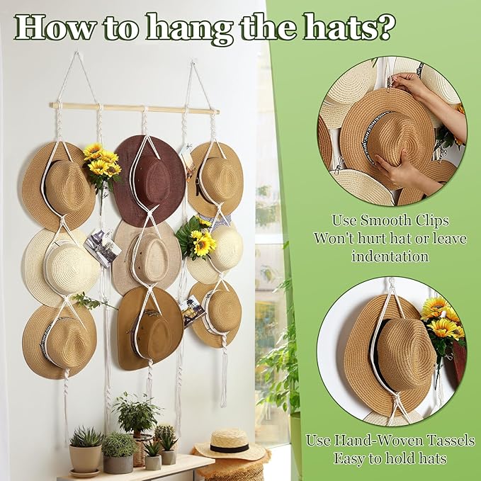 Macrame Hat Rack for Wall 31x53 in Hat Organizer with 15 Clips Hanging Hat Hanger Holder for Women Wide Brimmed Hat Storage for Fedora Boho Decorative Display