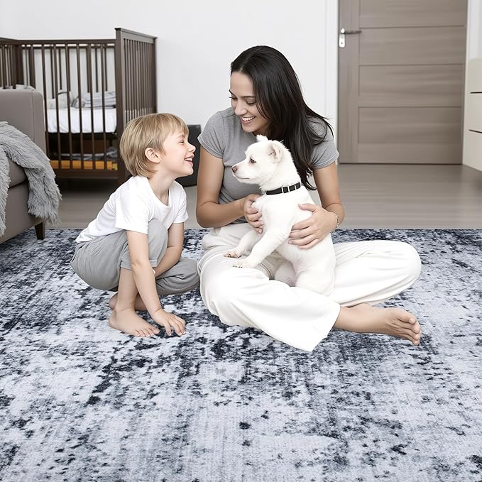 8x8 Area Rug Living Room Rug: Washable Modern Abstract Soft Thin Rug Indoor Floor No Slip Stain Resistant Carpet for Bedroom Dining Room Farmhouse Nursery Home Office - Black