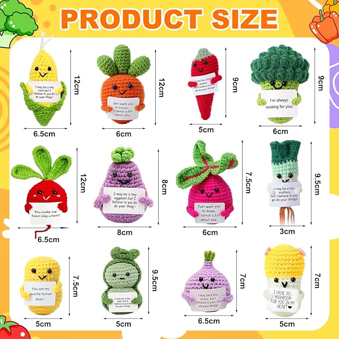 HunnmingRe 12 Pcs Cute Crochet Doll with Positive Card Soft Wool Animals Creative Knitting Dolls for Positive Support Inspirational Birthday Encouragement Gift(Vegetable Style)