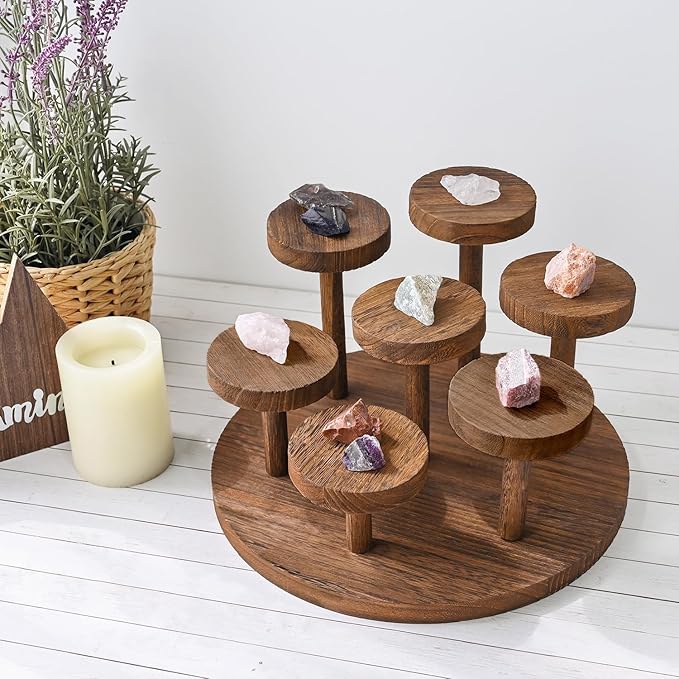 Ikee Design 7-Tier Wooden Display Riser for Jewelry, Accessories, and Collectibles items Wooden Jewelry and Figurine Display Risers, Multilevel Stand for Action Figures and Home Decor, Brown Color