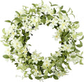 WreathDream 18'' Spring Wreath Summer Wreath for Front Door with Green Eucalyptus Leaves and White Cherry Blossoms for Home Outdoor Farmhouse Porch Wall Decoration, White Gift Box Included