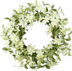 WreathDream 18'' Spring Wreath Summer Wreath for Front Door with Green Eucalyptus Leaves and White Cherry Blossoms for Home Outdoor Farmhouse Porch Wall Decoration, White Gift Box Included
