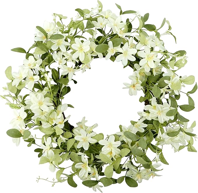WreathDream 18'' Spring Wreath Summer Wreath for Front Door with Green Eucalyptus Leaves and White Cherry Blossoms for Home Outdoor Farmhouse Porch Wall Decoration, White Gift Box Included