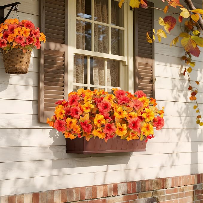 8 Pcs Fake Fall Flowers Artificial Petunias for Outdoor Decorations, Faux Fall Flowers for Outside UV Resistant Realistic Plants for Garden Porch Patio Indoor Autumn Decor(Orange Yellow)