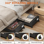 Somdot Under Bed Storage with Wheels, 2 Pack Bed Storage Containers with Dividers & Clear Lids, Easy Pull-out Metal Drawer for Clothes, Shoes,Toys, Blankets (Black)