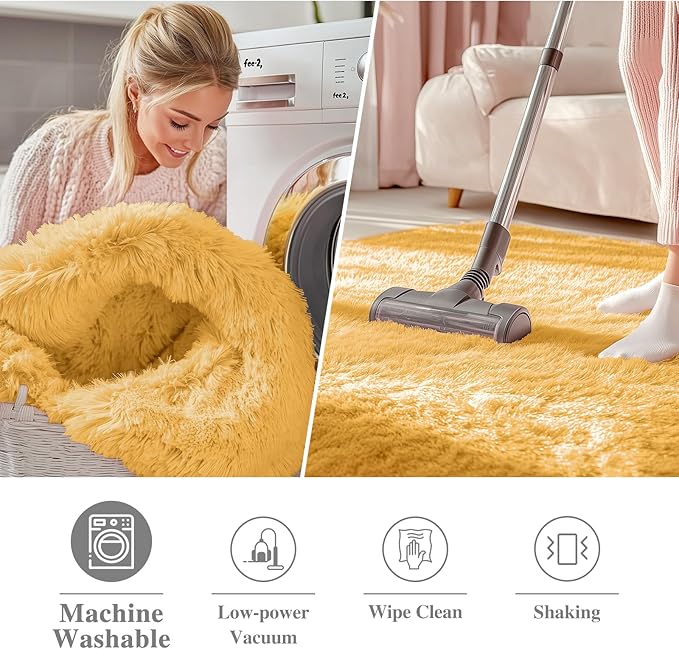 OLANLY Mustard Yellow Round Rugs for Bedroom - Machine Washable, 6 ft Circle Area Rugs for Living Room, Soft and Fluffy Shaggy Carpet for Teen Girl and Boys, Nursery Rooms, Dorms, Home Decor Aesthetic