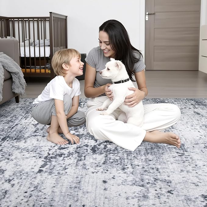 10x12 Area Rug Living Room Rug: Washable Modern Abstract Soft Thin Rug Indoor Floor No Slip Stain Resistant Carpet for Bedroom Dining Room Farmhouse Nursery Home Office - Grey