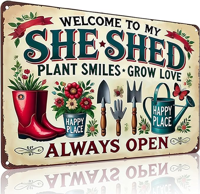 Bestylez Garden Gifts Welcome To My She Shed Vintage Gardening Signs for Home Garden Greenhouse Living Room Bedroom Yard Outdoor Decor 8X12 Inch (3372)