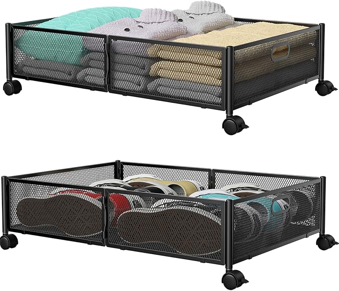 PHINOX Under Bed Storage with wheels, Under the Bed Storage Containers,Upgrade Crossed Iron Wire, Metal Rolling Underbed Storage Containers for Bedroom Clothes Shoes Blankets-2 Pack,Black