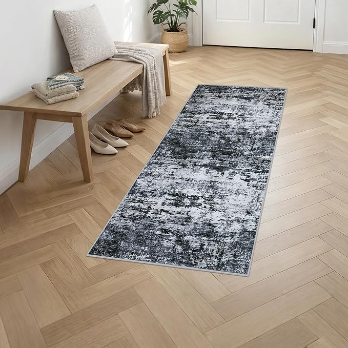 2'x6' Runner Rug Washable Rug: Modern Abstract Soft Thin Runner Rug Black