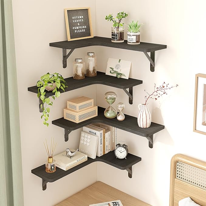 Fixwal Corner Shelves Wall Mounted Set of 5, Floating Shelves for Wall Bathroom, Kitchen, Bedroom, Home Decor, Laundry Room, Living Room (Black)