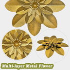 Golden Metal Flower Wall Art Decor, 9.5“ Rustic Modern Floral Sculpture, Distressed Iron Wall Hanging Home Decoration Accent Artworks for Indoor Kitchen Bedroom Living Room Office Outdoor Garden Patio