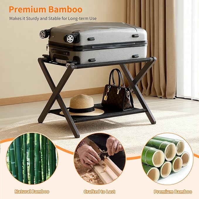 Heybly Luggage Rack, Folding Suitcase Stand with Storage Shelf, Heavy-Duty Luggage Holder for Guest Room Bedroom Hotel, Holds up to 165 lb, Black, HLR010Z1