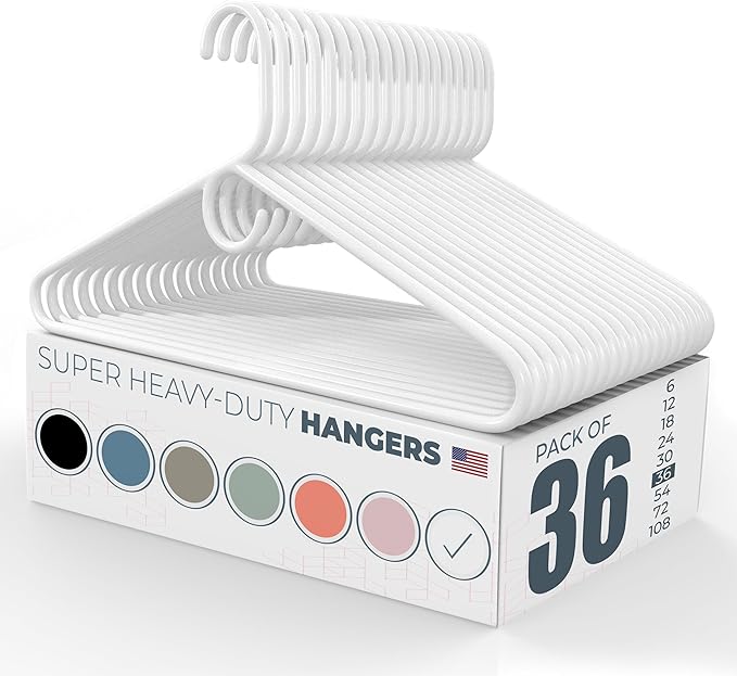Neaties Super Heavy Duty Clothes Hangers 36 Pack – Made in the USA - 10lb Capacity, Thick Plastic Hangers for Pants, Coats, Jackets, Jeans and Adult Clothing – White