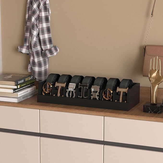 Bamboo Belt Storage Organizer Box - Belt Organizer for Closet | Wooden Belt Tie Hanger Racks for Men Women Drawer | Belt Display Holder Wall Mount with 2 Pcs Tie Clip (Black, 2 7GRIDS)