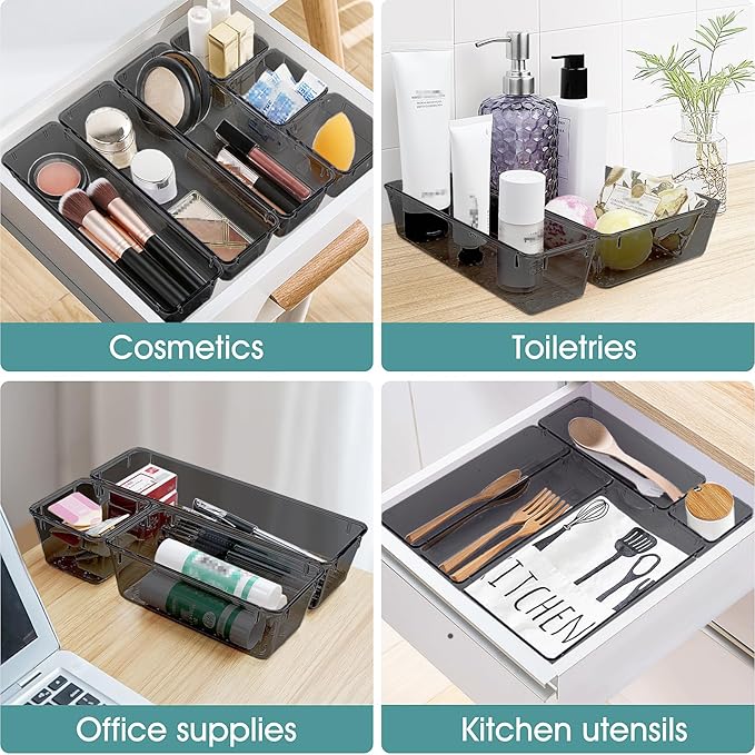 WOWBOX 21 PCS Clear Plastic Drawer Organizer Set, 4 Sizes Desk Drawer Divider Organizers and Storage Bins for Makeup, Jewelry, Gadgets for Kitchen, Bedroom, Bathroom, Office, Black