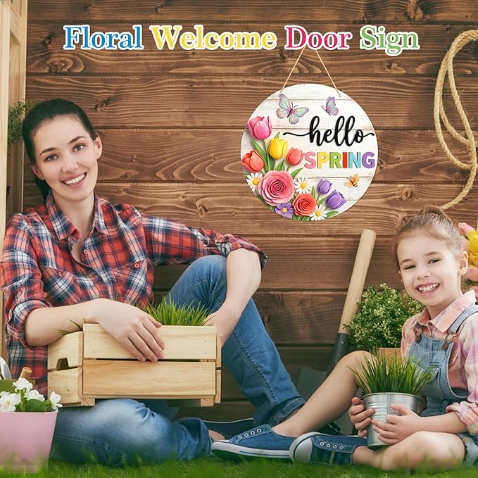 PETCEE Hello Spring Door Sign - 11.5" Welcome Spring Decor Front Door Signs with Floral Print Farmhouse Porch Sign for Home Wall Hanging Wreath Butterfly Bee Easter Indoor Outdoor Decorations
