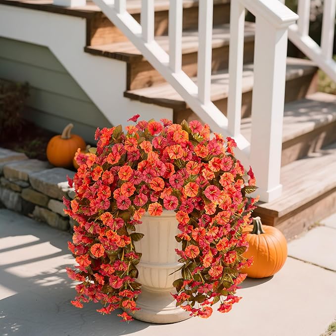 Artificial Fall Hanging Flowers for Outdoors Decoration, 2PCS Fake Plants Faux Realistic Silk Morning Glory Long Vines UV Resistant for Autumn Outside Porch Patio Balcony Yard Planter, OrangeRed