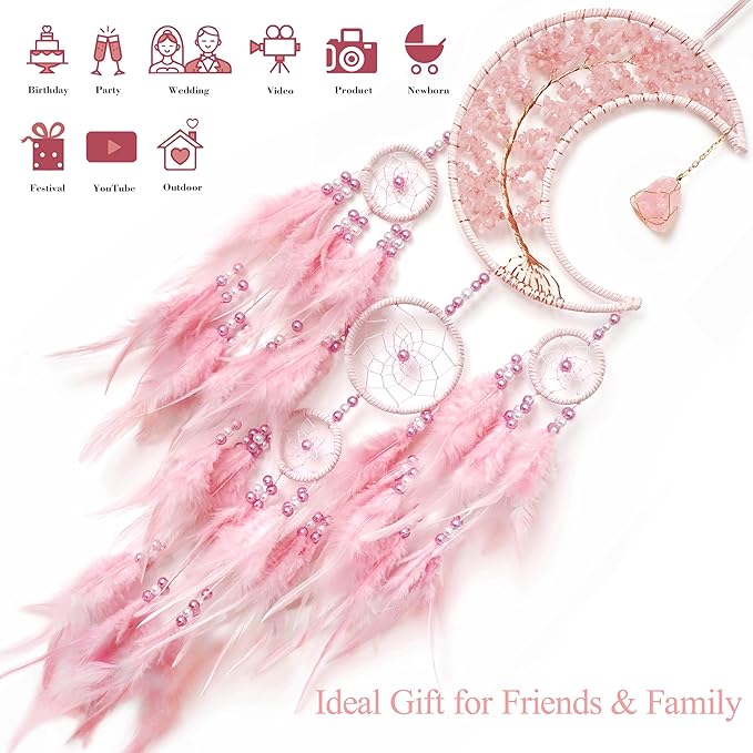 Dream Catchers,Moon Dream Catchers with Chakra Gemstone Agate Stone,Pink Tree Life Dream Catcher Wall Hangings Room Decor for Girls Bedroom Decor Art Craft Gift (Pink)