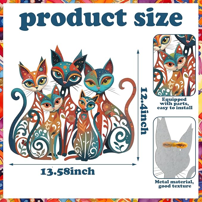 Wesiti Cat Wall Art Decor Iron Wall Sculptures Decor for Cats Lover 13.58 x 12.40 Inches Colorful Mid Century Cat Retro Signs for Home Living Room Bedroom Kitchen Office(Timeless)