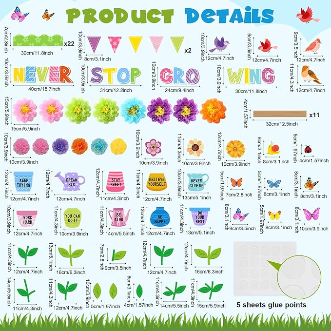 73 Pcs Spring Bulletin Board Decoration Set with 3D Paper Flower Never Stop Growing Classroom Decor Inspirational Bulletin Board Decoration for Spring Theme School Home Chalkboard Wall Decor