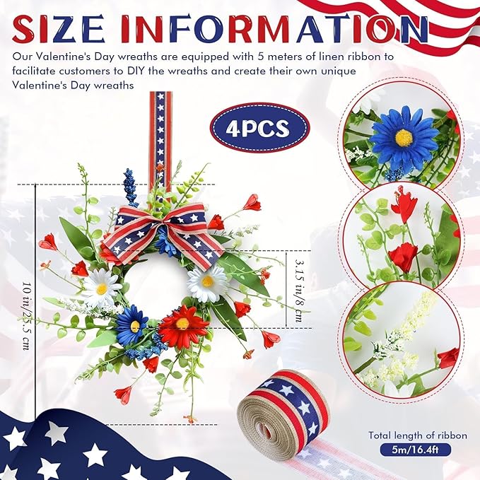 4 Pcs Mini Patriotic American Kitchen Cabinet Wreaths Small 4th of July Floral Swag Wreath for Front Door with Ribbon Daisy July Independence Day Hanging Wreath for Porch Wall Farmhouse Decor
